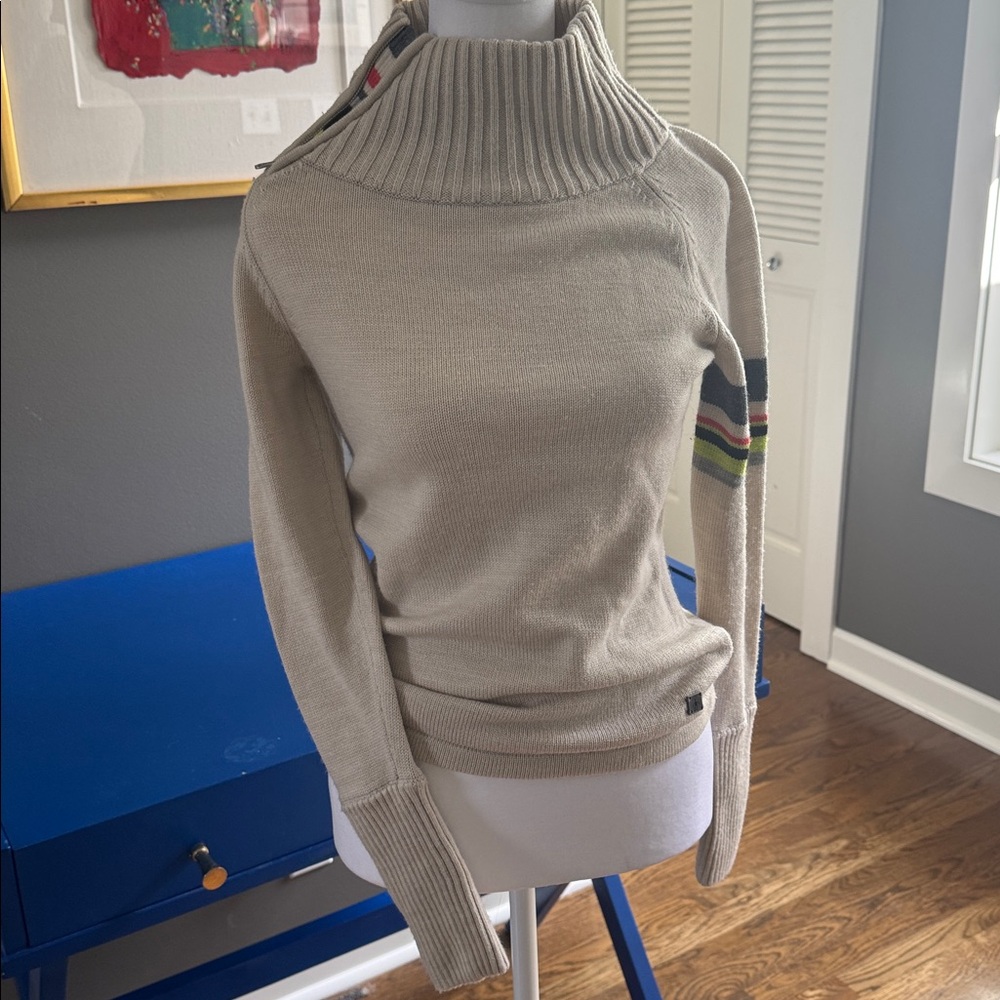 Smart Wool Beige Turtleneck Sweater with Striped Sleeve